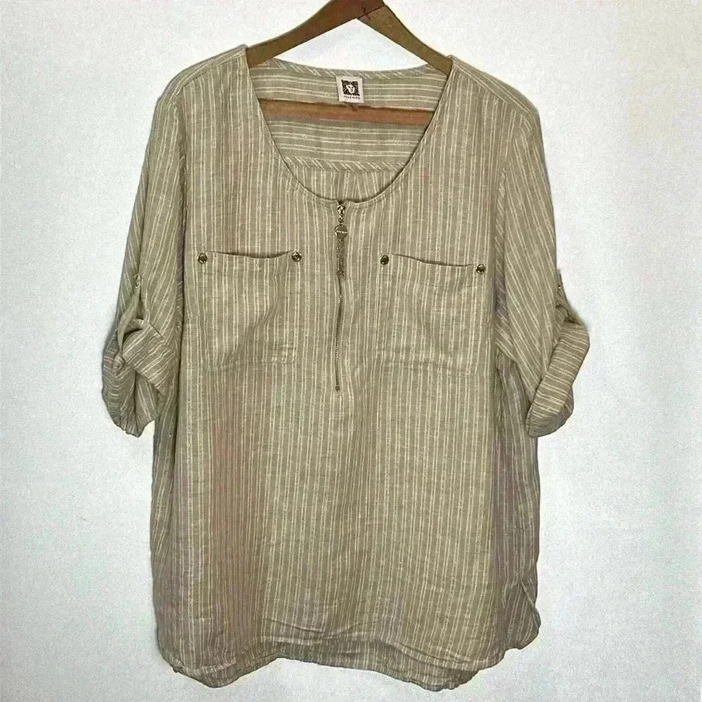 Anne Klein Women's Blouse Size XL Gold Beige Shiny Holidays Sparkle Linen Blend